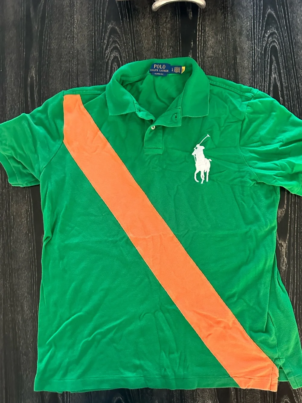 Polo by Ralph Lauren Green Polo Shirt with Orange Diagonal Stripe and White Pony